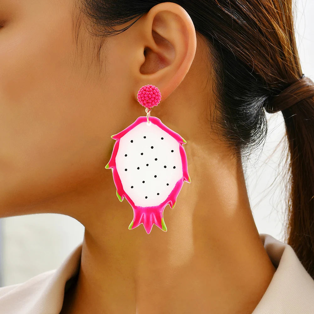 Fashion Acrylic Fruit Lemon Pitaya Strawberry Big Dangle Earrings For Women Trend Luxury Charm Elegant Particular Summer Jewelry