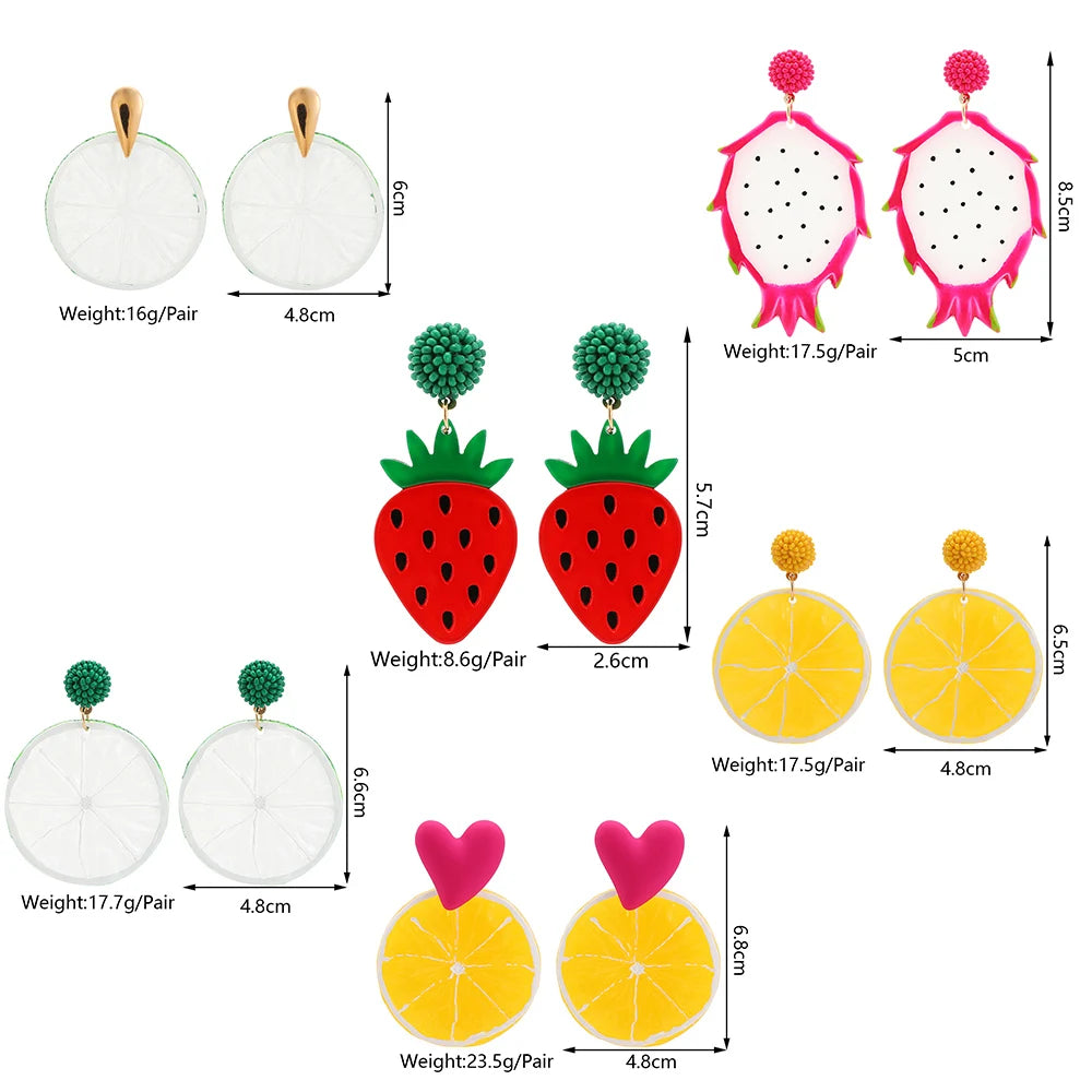 Fashion Acrylic Fruit Lemon Pitaya Strawberry Big Dangle Earrings For Women Trend Luxury Charm Elegant Particular Summer Jewelry