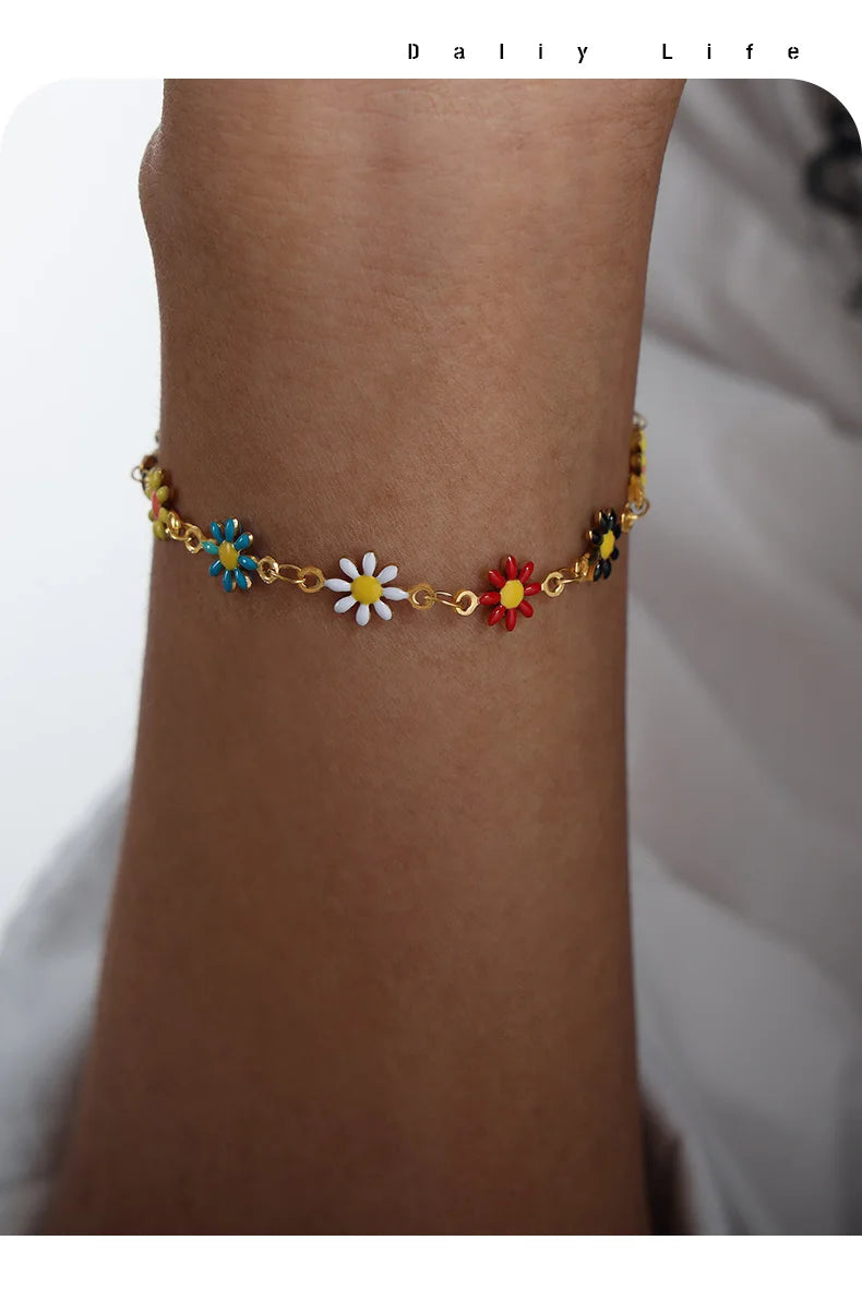 Modern Stainless Steel Necklace Bracelet For Women Flower Set Bohemian Colorful Oil Dropping Fashion Jewelry Accessories