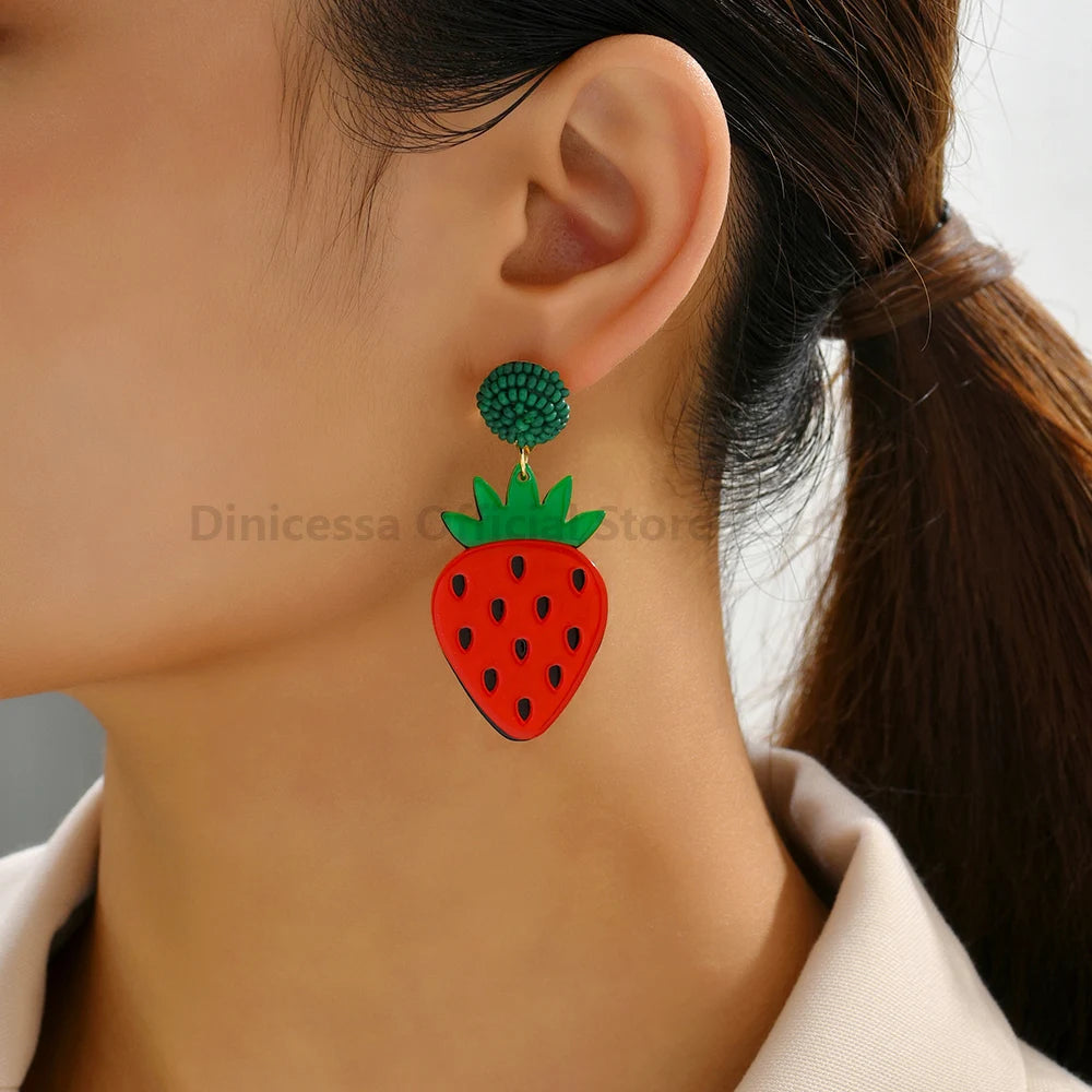 Fashion Acrylic Fruit Lemon Pitaya Strawberry Big Dangle Earrings For Women Trend Luxury Charm Elegant Particular Summer Jewelry