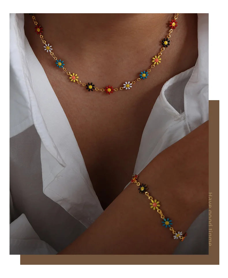 Modern Stainless Steel Necklace Bracelet For Women Flower Set Bohemian Colorful Oil Dropping Fashion Jewelry Accessories