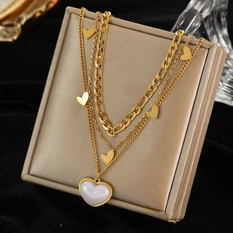 Necklace for Women - Gold Stainless Steel Pearl Heart Pendant