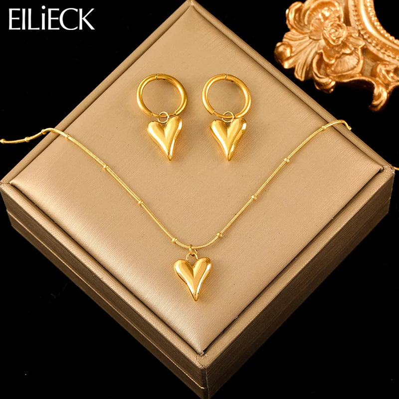 Trendy Stainless Steel Gold Heart Love Necklace and Earrings Set