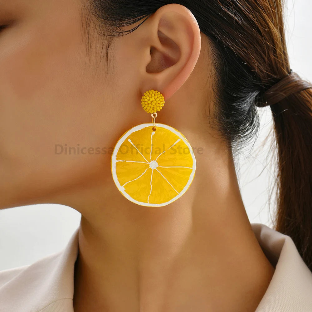 Fashion Acrylic Fruit Lemon Pitaya Strawberry Big Dangle Earrings For Women Trend Luxury Charm Elegant Particular Summer Jewelry