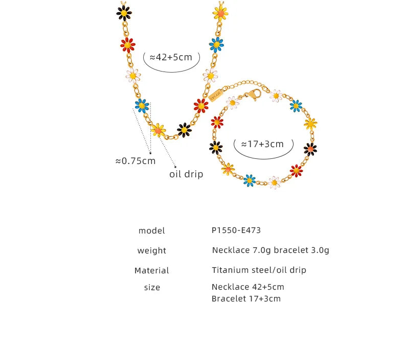 Modern Stainless Steel Necklace Bracelet For Women Flower Set Bohemian Colorful Oil Dropping Fashion Jewelry Accessories