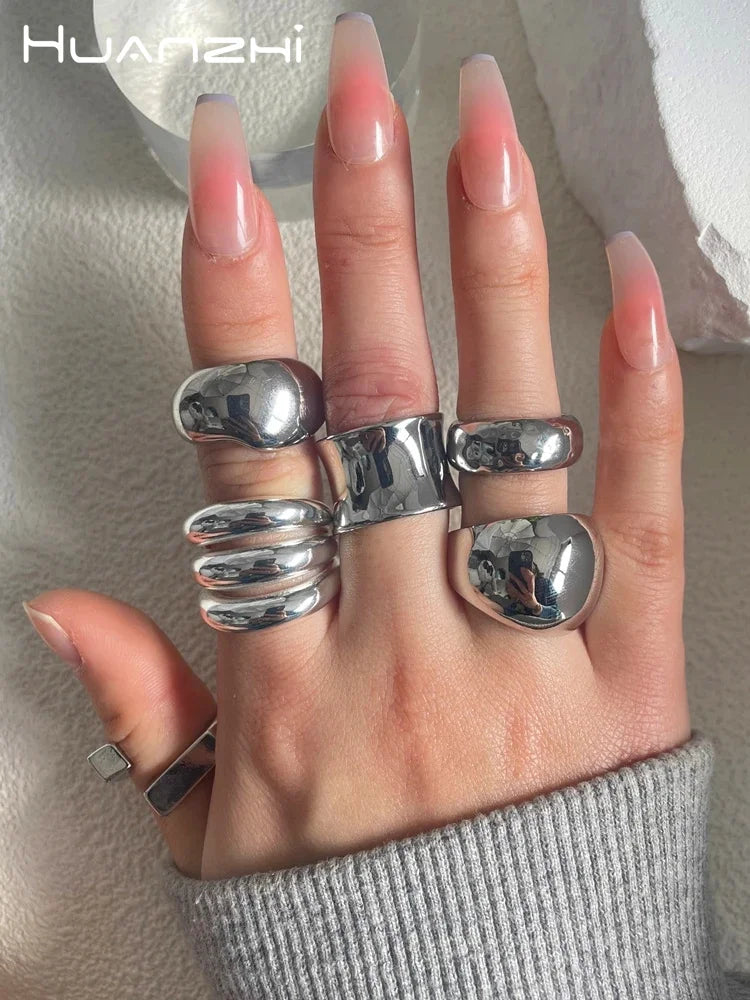 Large Multilayer Silver Color Geometric Steel Rings.