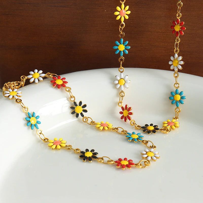 Modern Stainless Steel Necklace Bracelet For Women Flower Set Bohemian Colorful Oil Dropping Fashion Jewelry Accessories