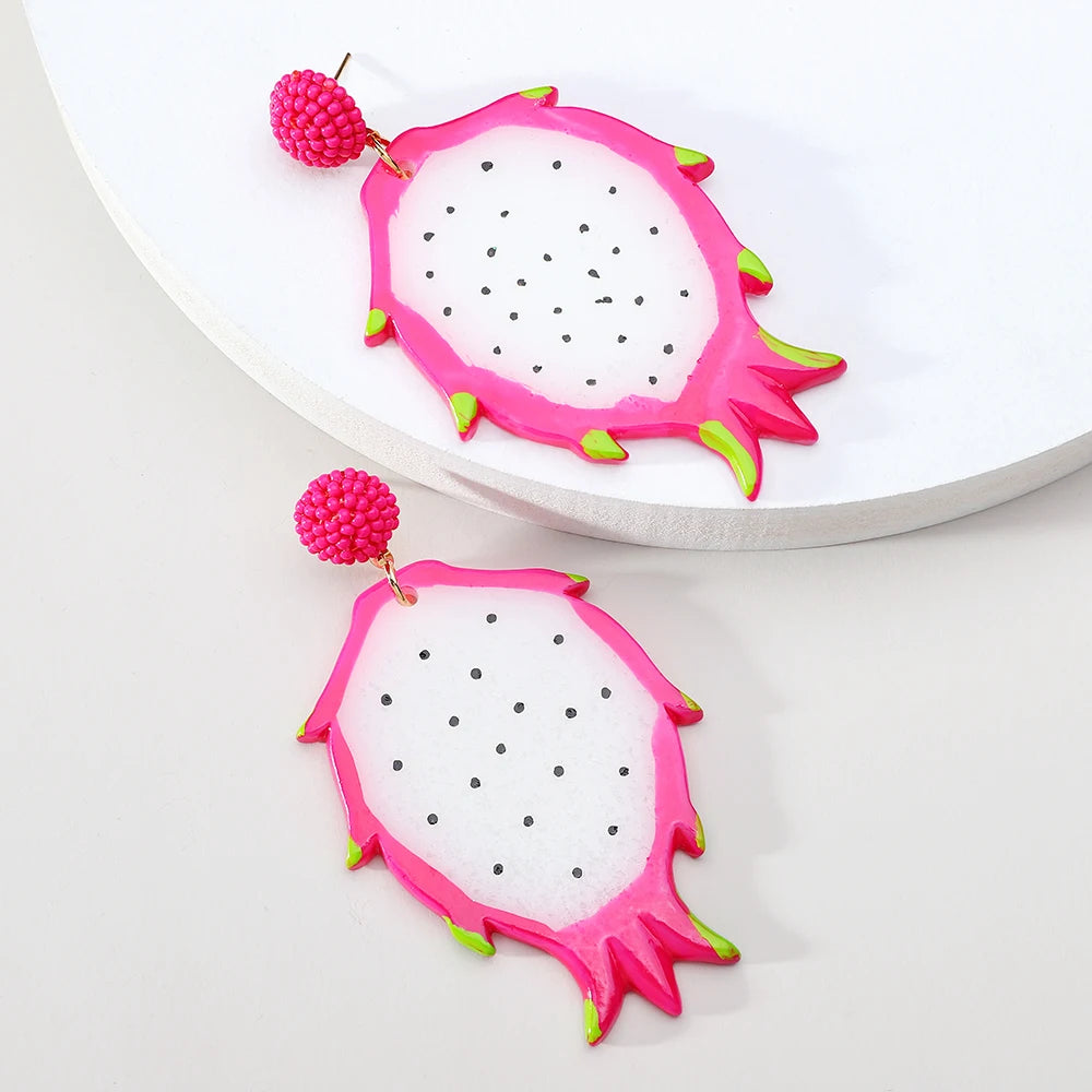 Fashion Acrylic Fruit Lemon Pitaya Strawberry Big Dangle Earrings For Women Trend Luxury Charm Elegant Particular Summer Jewelry