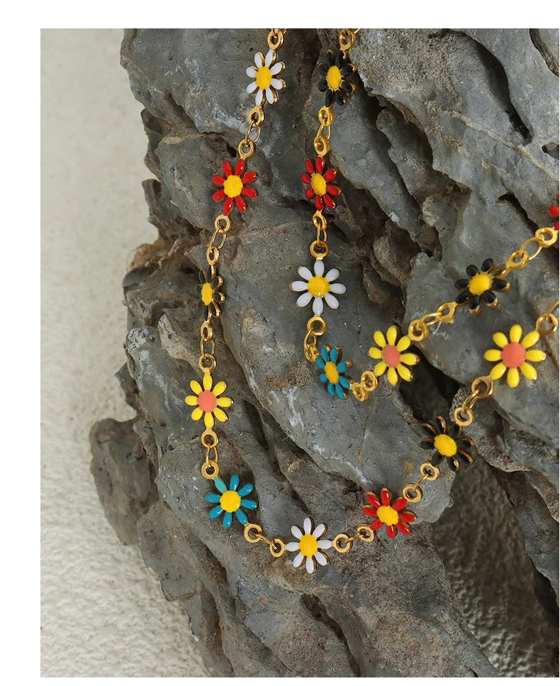 Modern Stainless Steel Necklace Bracelet For Women Flower Set Bohemian Colorful Oil Dropping Fashion Jewelry Accessories