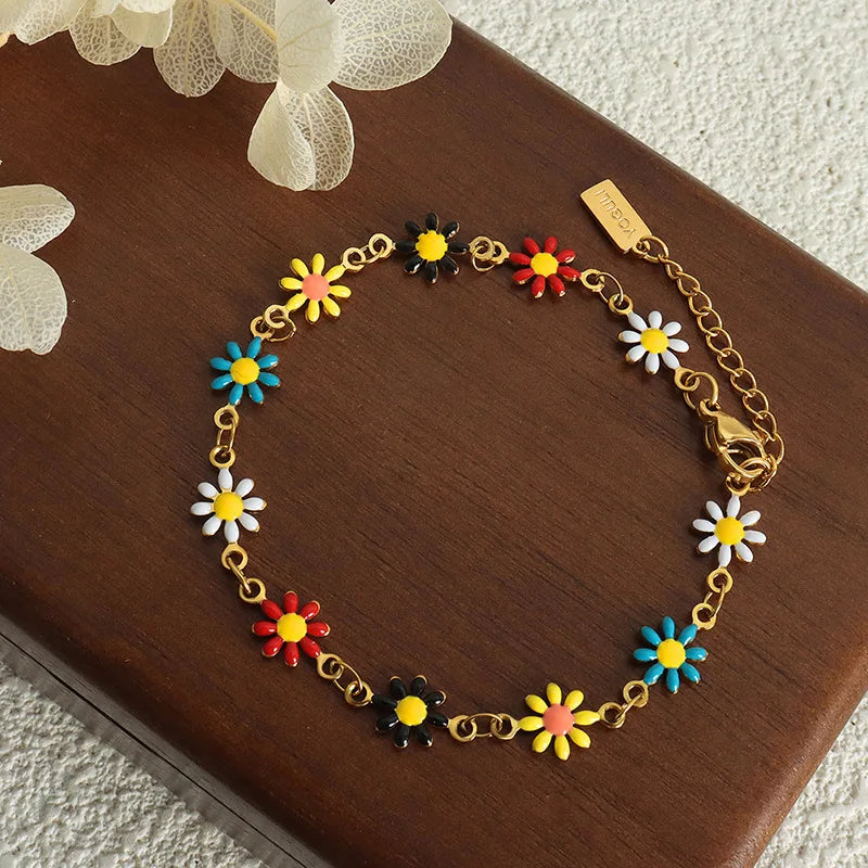 Modern Stainless Steel Necklace Bracelet For Women Flower Set Bohemian Colorful Oil Dropping Fashion Jewelry Accessories