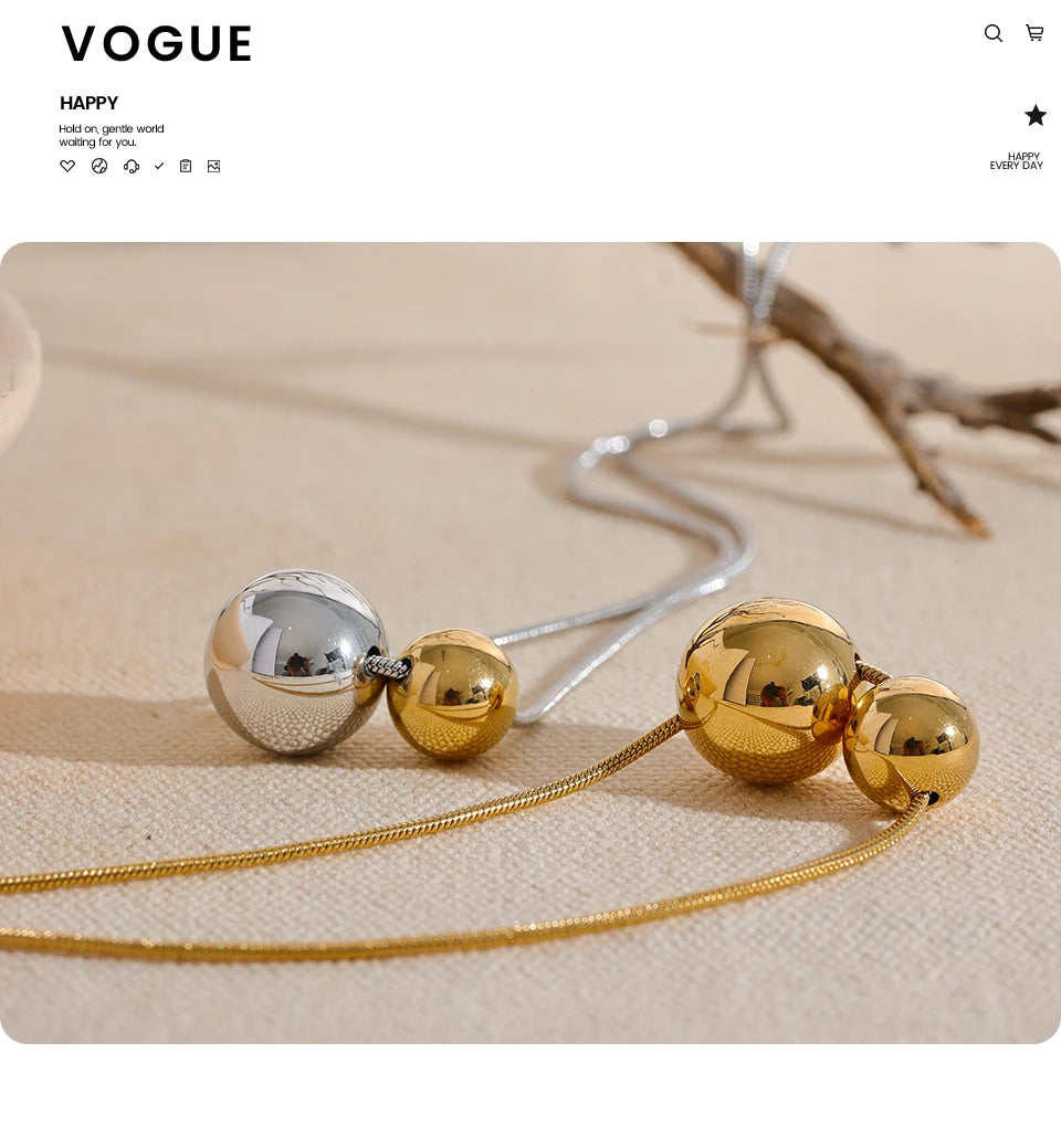 Yhpup Stainless Steel Round Ball Beads Pendant Necklace Fashion Waterproof Metal Daily Gold Color Trendy Jewelry for Women Gift