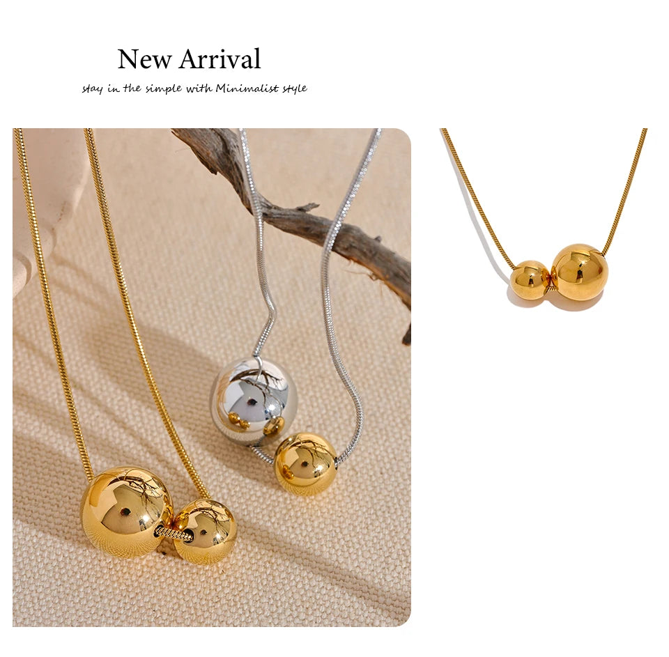 Yhpup Stainless Steel Round Ball Beads Pendant Necklace Fashion Waterproof Metal Daily Gold Color Trendy Jewelry for Women Gift