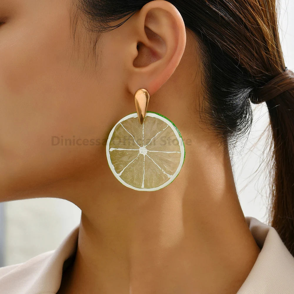 Fashion Acrylic Fruit Lemon Pitaya Strawberry Big Dangle Earrings For Women Trend Luxury Charm Elegant Particular Summer Jewelry